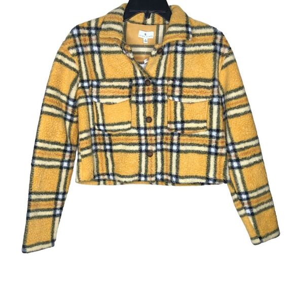 True Craft Juniors' Sherpa Shacket Cropped Yellow Yellow Plaid Size Small NWT - Picture 2 of 10